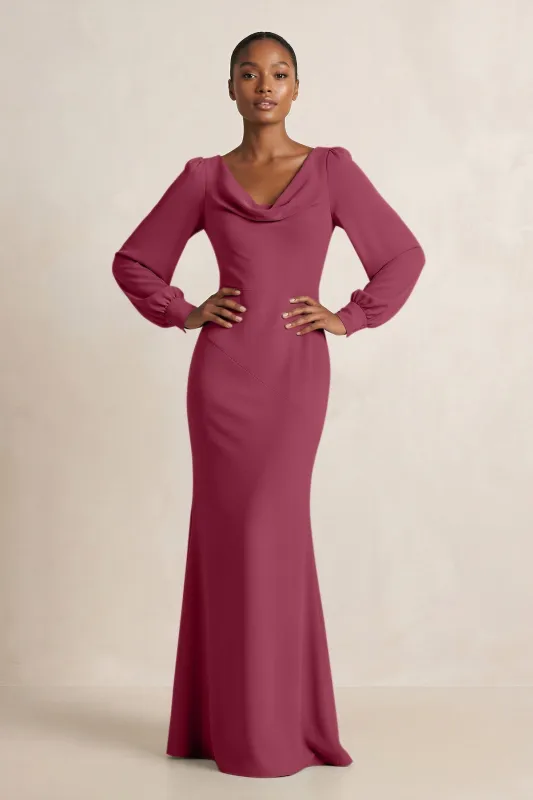 Long Sleeve V-Neck Sheath Chiffon Bridesmaid Dress in Desert Rose made by KissProm
