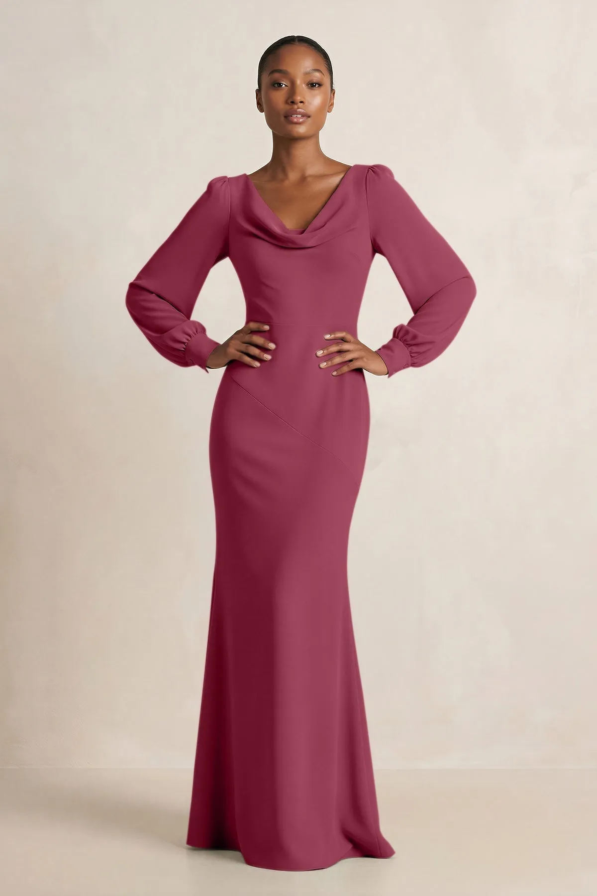 Long Sleeve V-Neck Sheath Chiffon Bridesmaid Dress in Desert Rose sold by KissProm