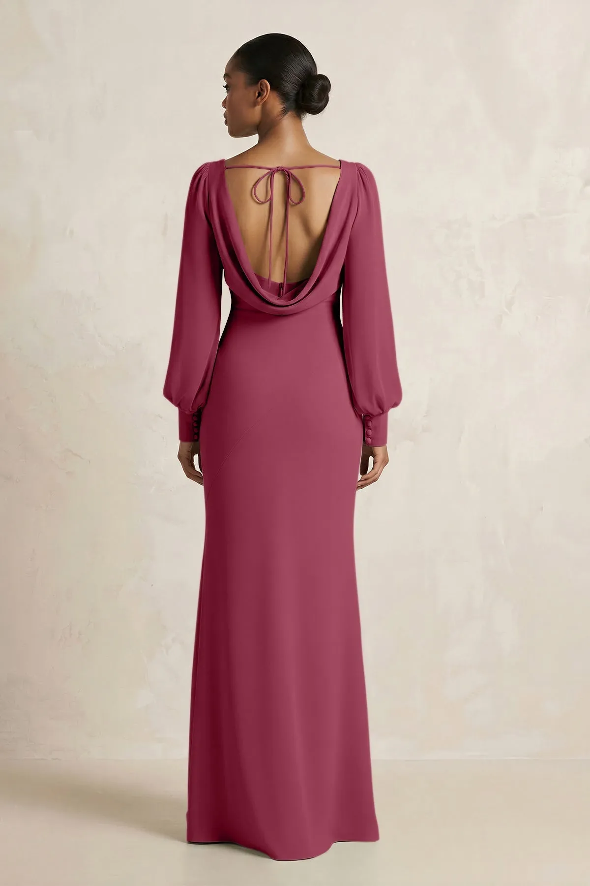 Long Sleeve V-Neck Sheath Chiffon Bridesmaid Dress in Desert Rose sold by KissProm product image thumbnail 2