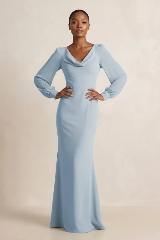 Long Sleeve V-Neck Sheath Chiffon Bridesmaid Dress in Dusty Blue made by KissProm