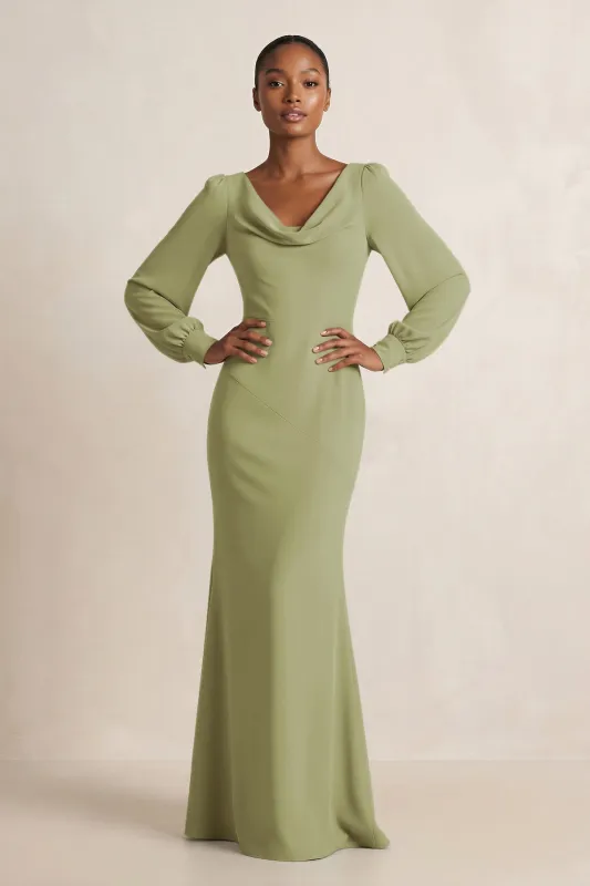 Long Sleeve V-Neck Sheath Chiffon Bridesmaid Dress in Moss Green made by KissProm