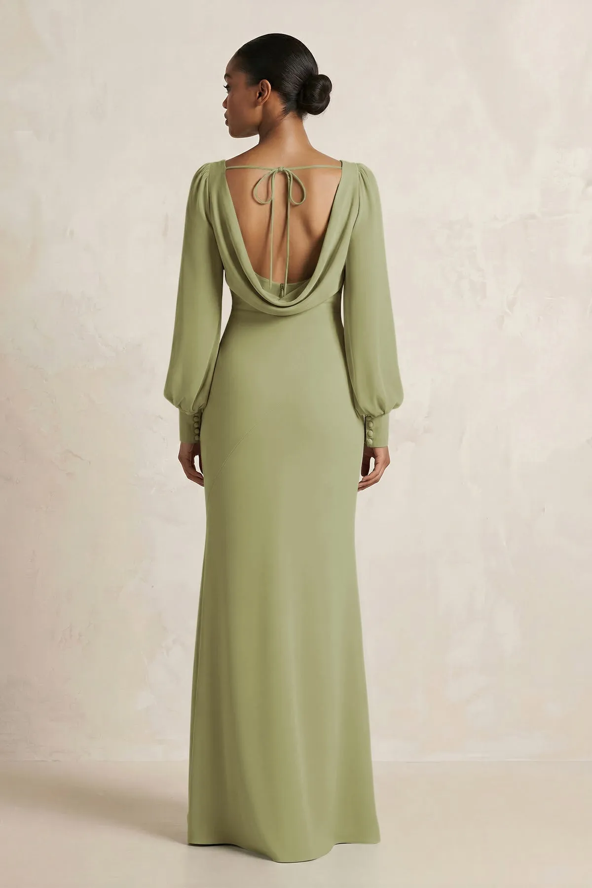 Long Sleeve V-Neck Sheath Chiffon Bridesmaid Dress in Moss Green sold by KissProm product image thumbnail 2