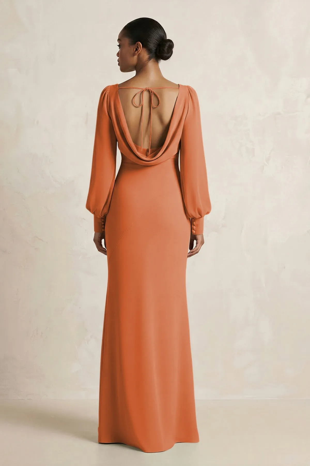 Long Sleeve V-Neck Sheath Chiffon Bridesmaid Dress in Terracotta sold by KissProm product image thumbnail 2
