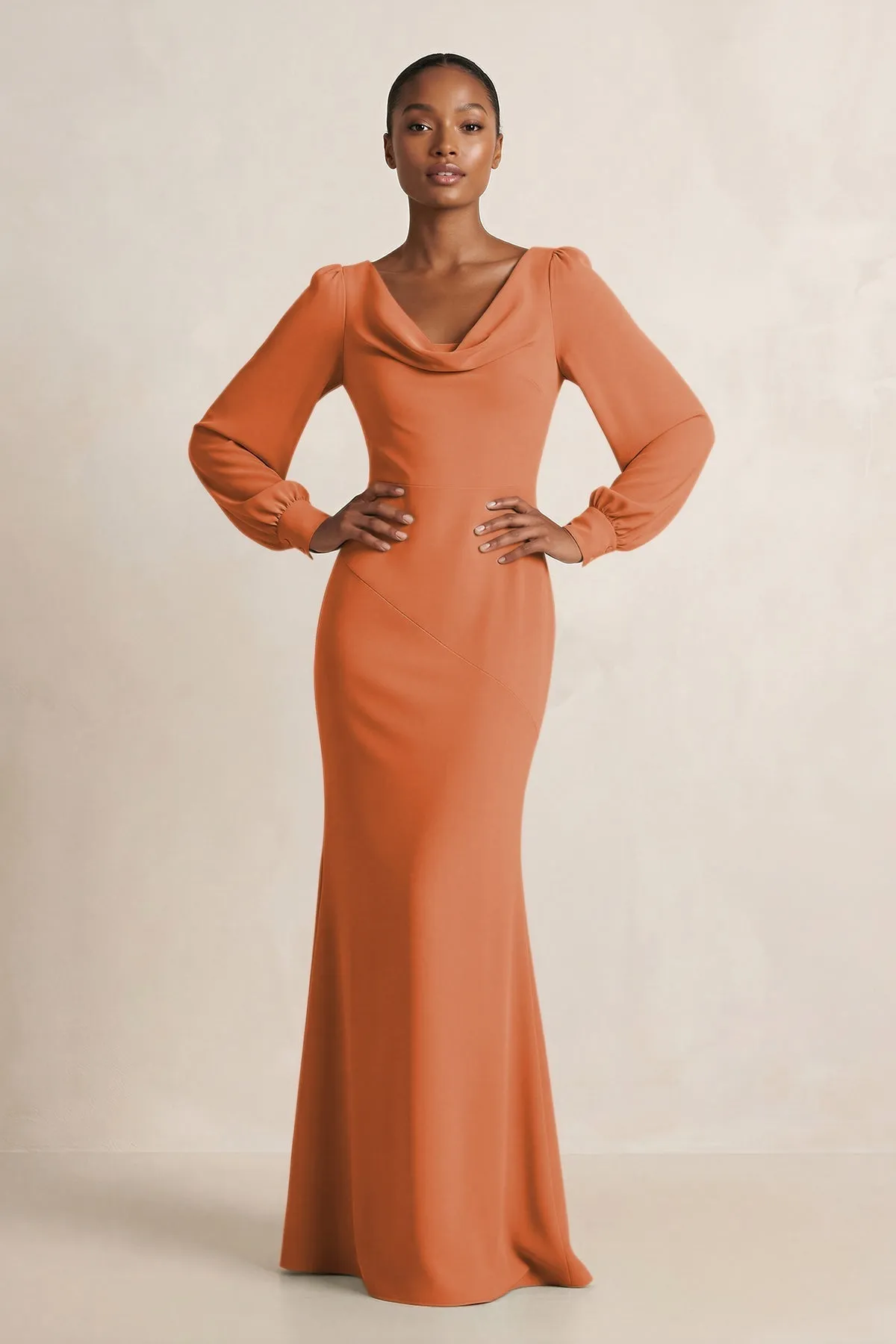 Long Sleeve V-Neck Sheath Chiffon Bridesmaid Dress in Terracotta sold by KissProm