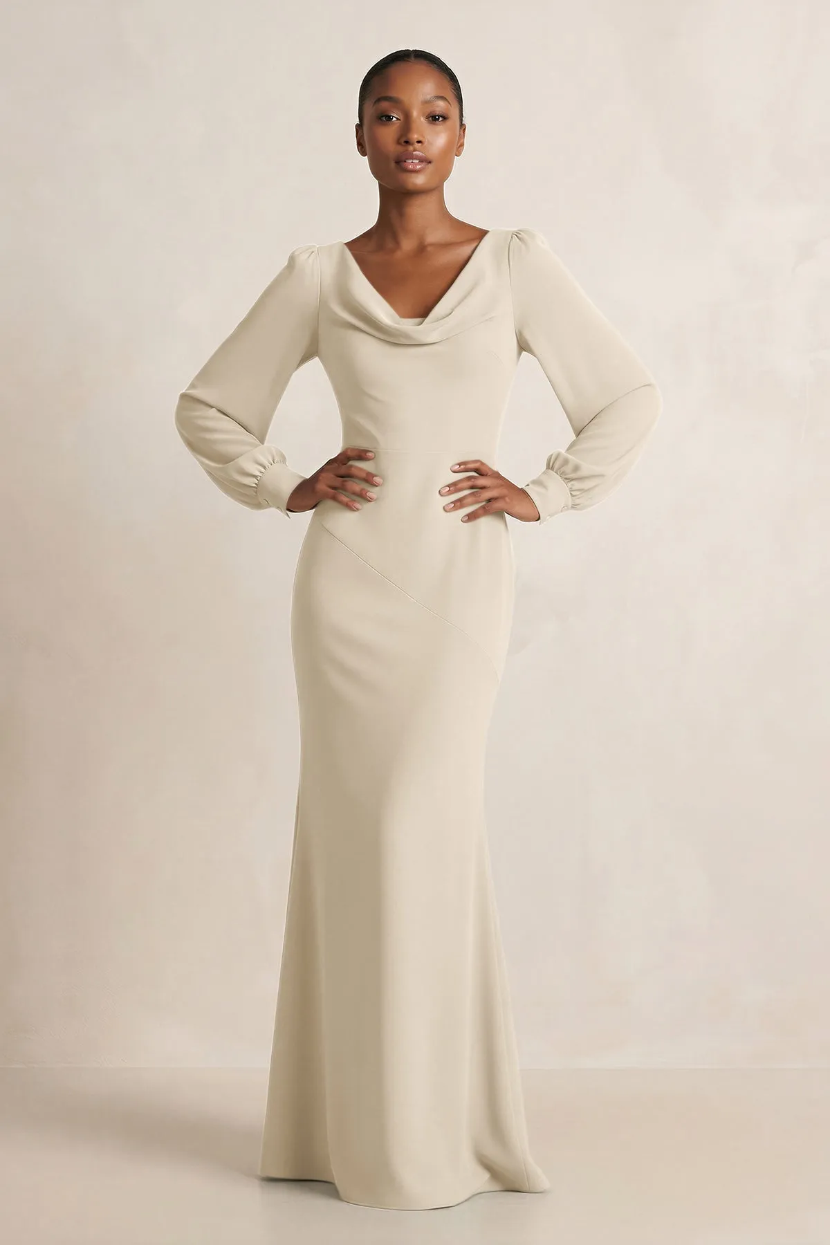 Long Sleeve V-Neck Sheath Chiffon Bridesmaid Dress in Champagne sold by KissProm