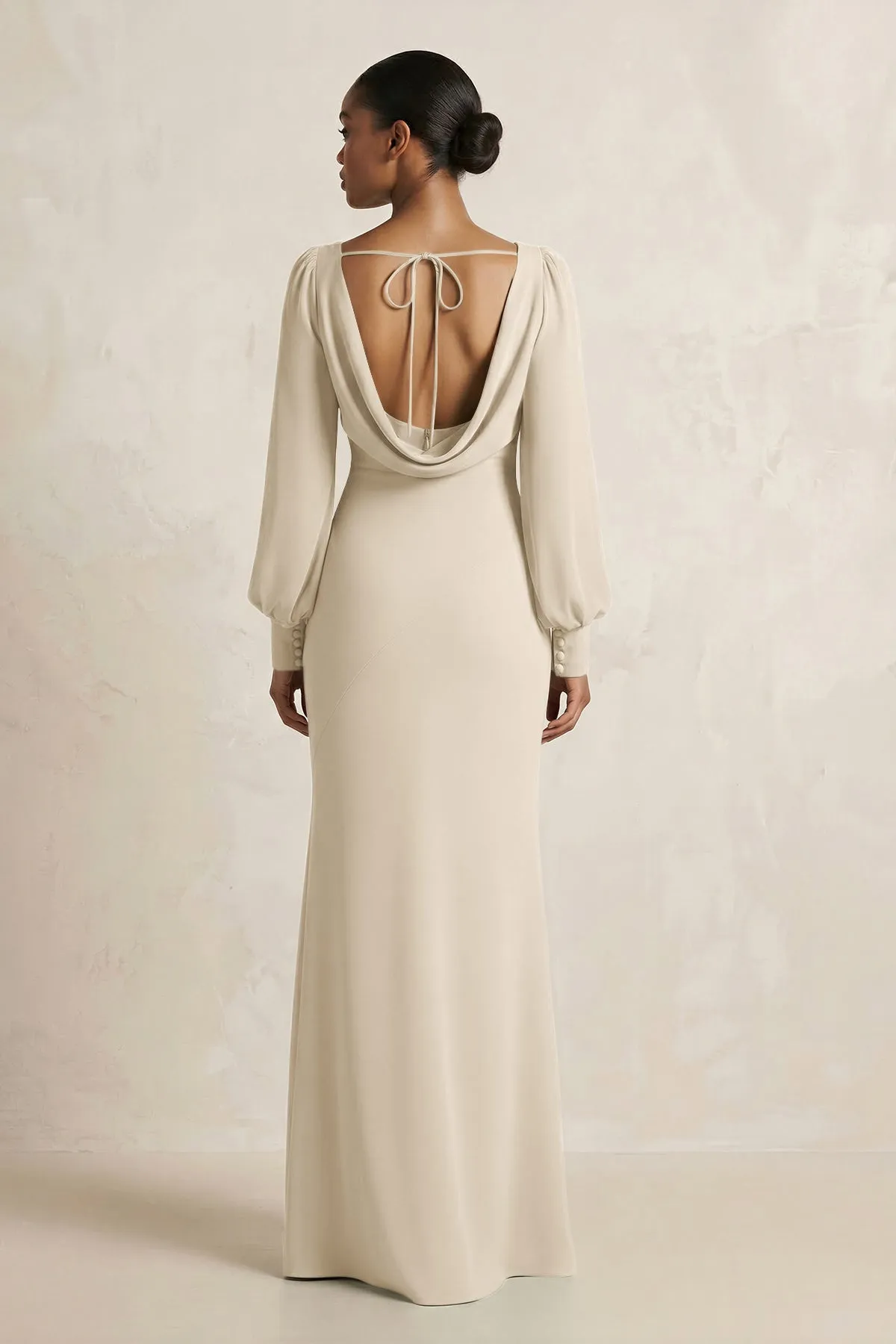 Long Sleeve V-Neck Sheath Chiffon Bridesmaid Dress in Champagne sold by KissProm product image thumbnail 2