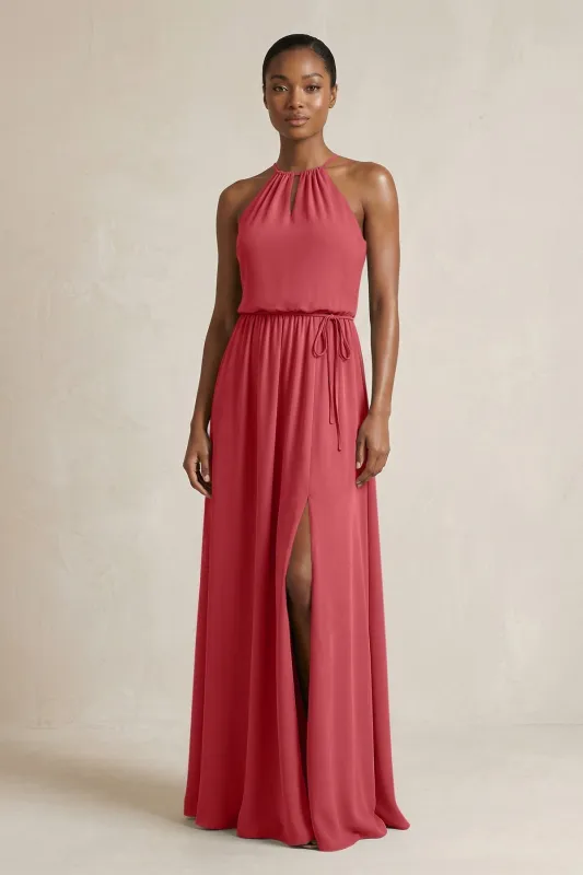 Halter Sheath Ruched Chiffon Bridesmaid Dress in Merlot made by KissProm