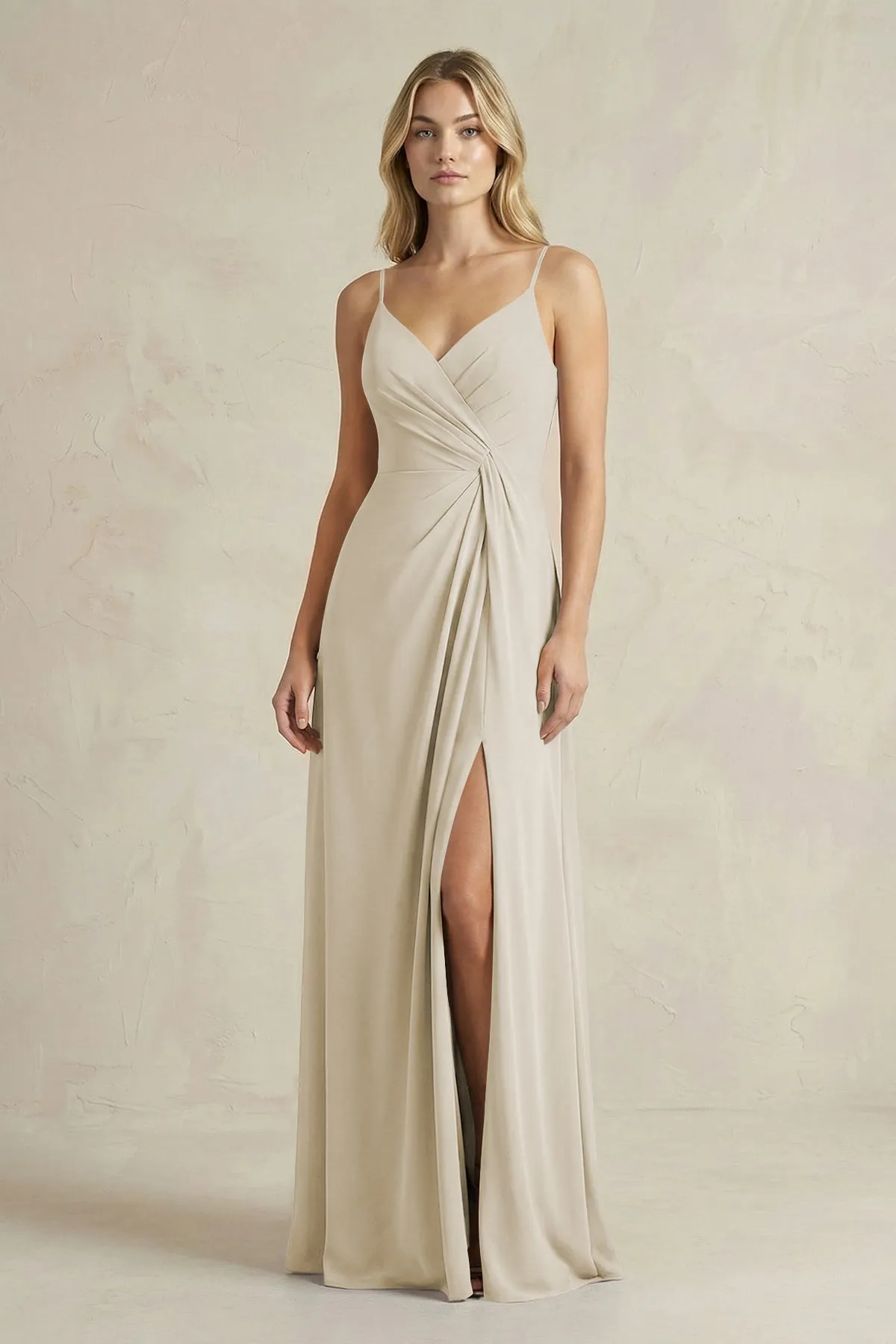 Sheath Cami Strap Ruched Chiffon Bridesmaid Dress in Dove Gray sold by KissProm