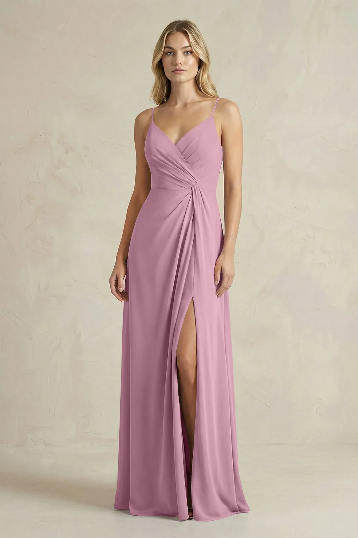 Sheath Cami Strap Ruched Chiffon Bridesmaid Dress in Vintage Mauve sold by KissProm