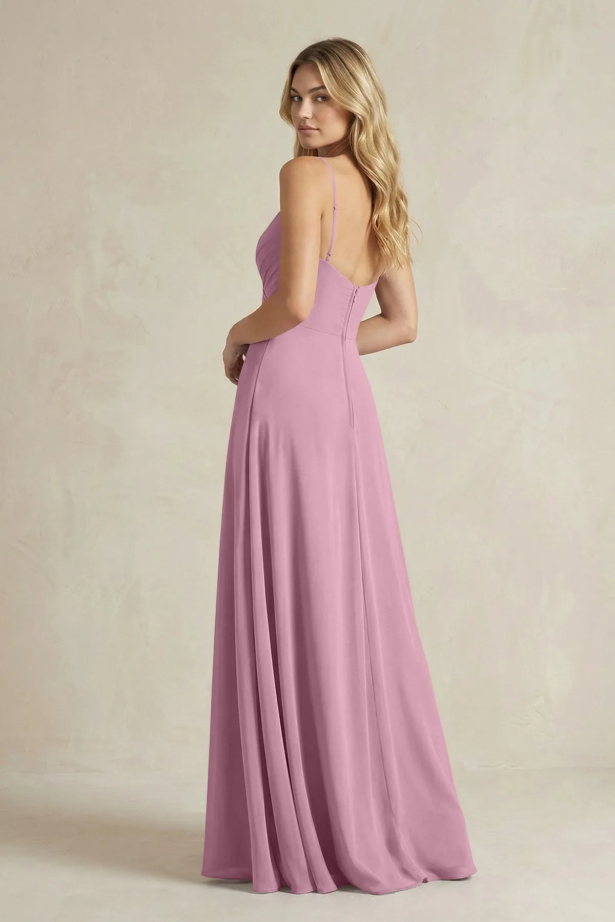 Sheath Cami Strap Ruched Chiffon Bridesmaid Dress in Vintage Mauve sold by KissProm product image thumbnail 2