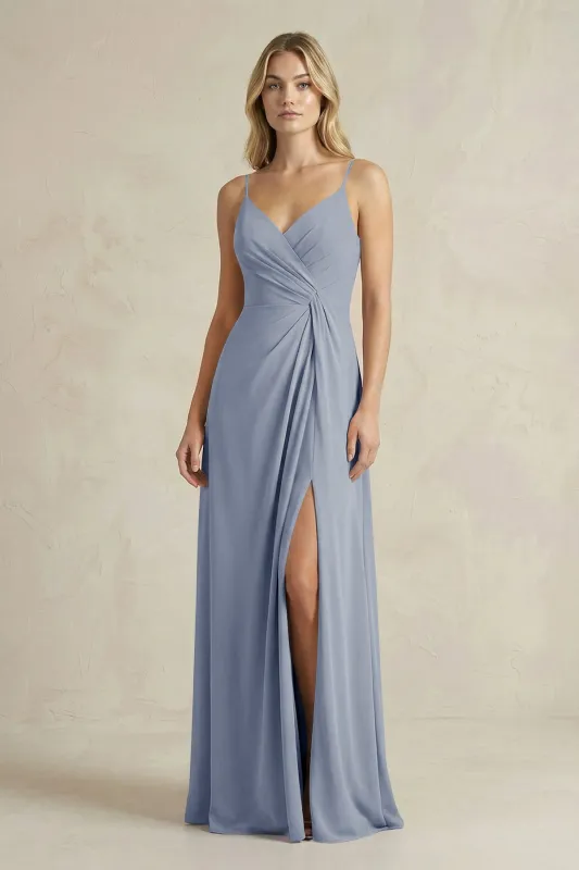 Sheath Cami Strap Ruched Chiffon Bridesmaid Dress in Twilight made by KissProm