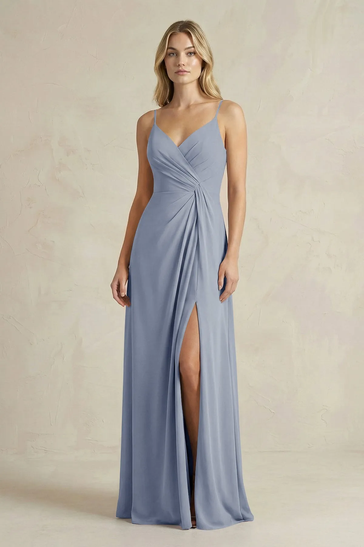 Sheath Cami Strap Ruched Chiffon Bridesmaid Dress in Twilight sold by KissProm