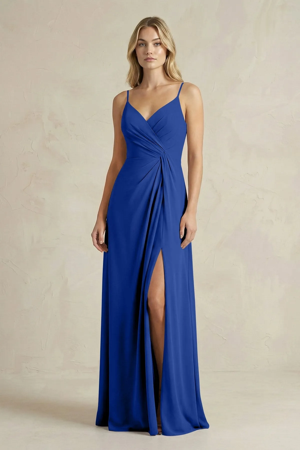Sheath Cami Strap Ruched Chiffon Bridesmaid Dress in Royal Blue sold by KissProm