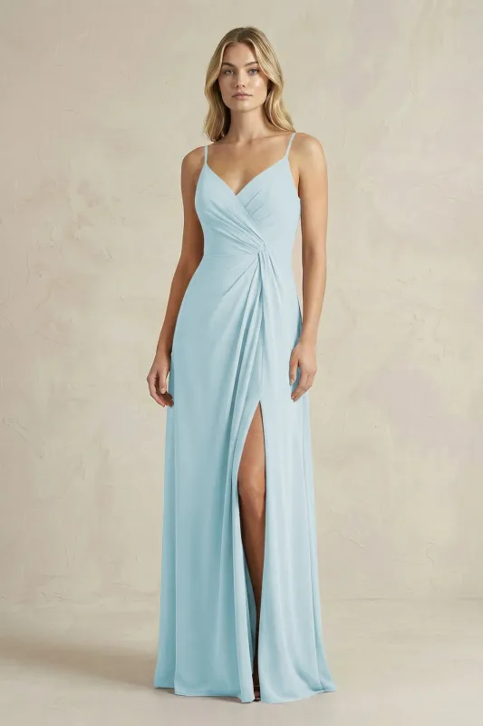 Sheath Cami Strap Ruched Chiffon Bridesmaid Dress in Sky Blue made by KissProm