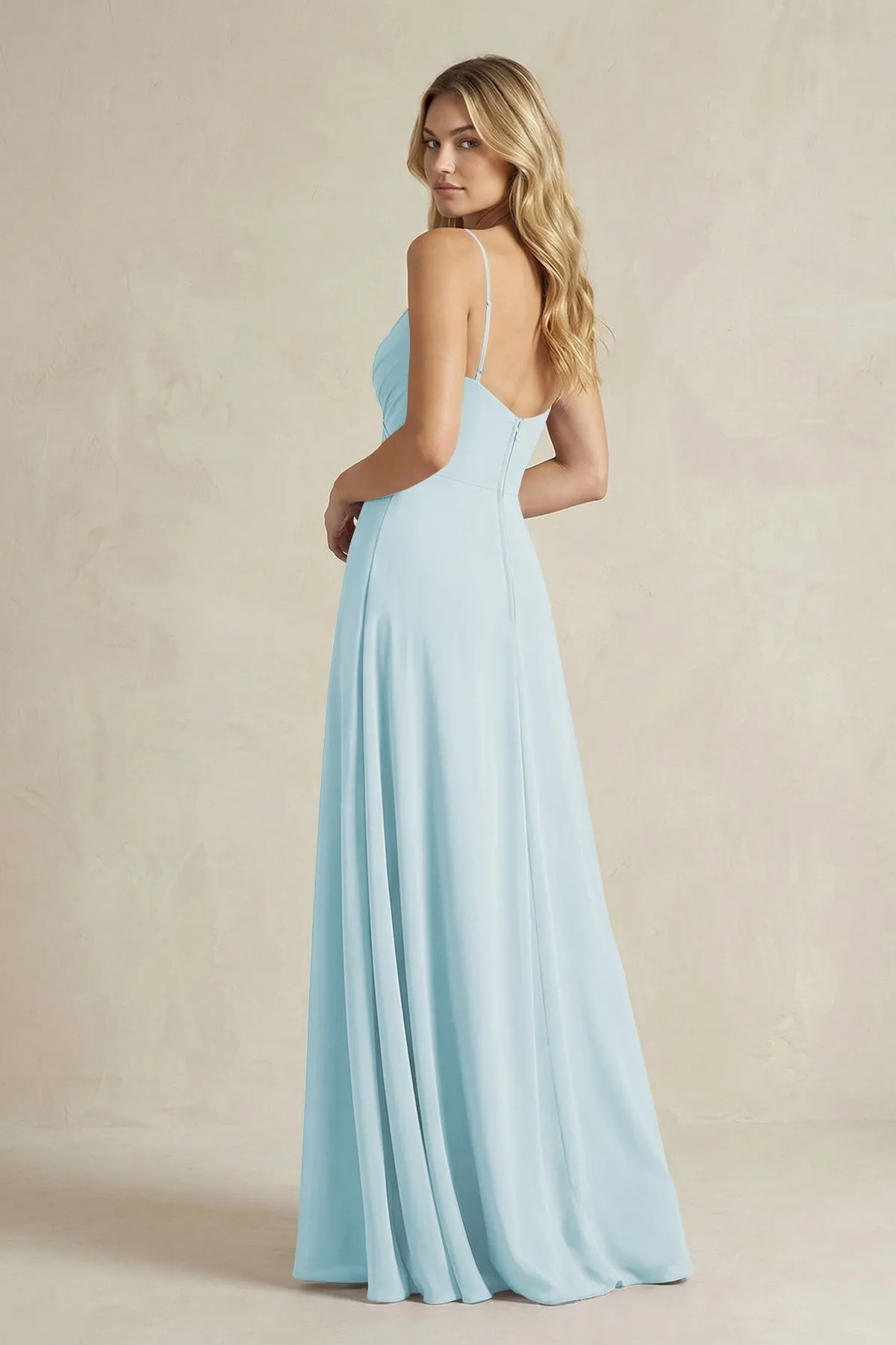 Sheath Cami Strap Ruched Chiffon Bridesmaid Dress in Sky Blue sold by KissProm product image thumbnail 2