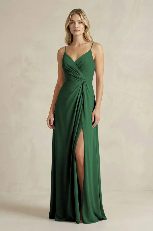 Sheath Cami Strap Ruched Chiffon Bridesmaid Dress in Dark Green made by KissProm