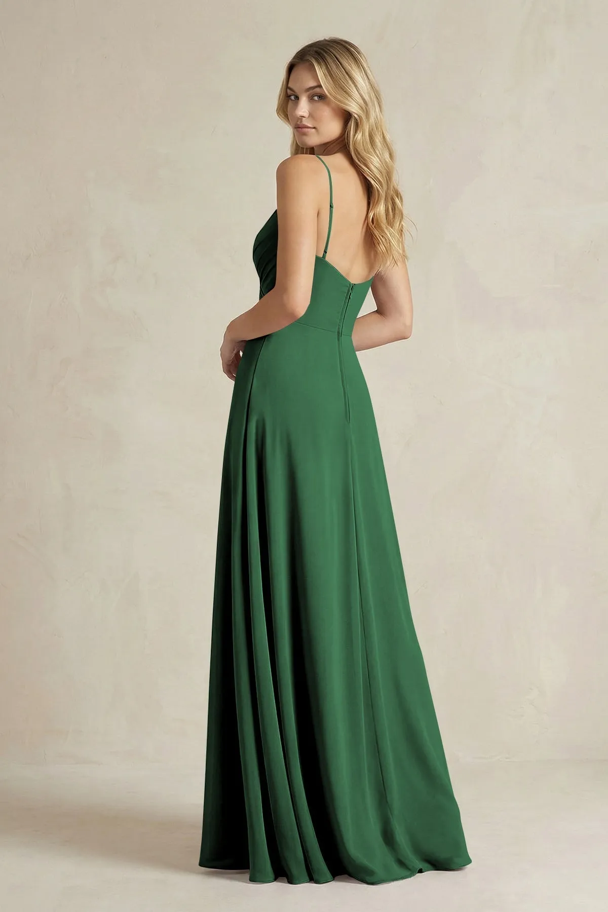 Sheath Cami Strap Ruched Chiffon Bridesmaid Dress in Dark Green sold by KissProm product image thumbnail 2