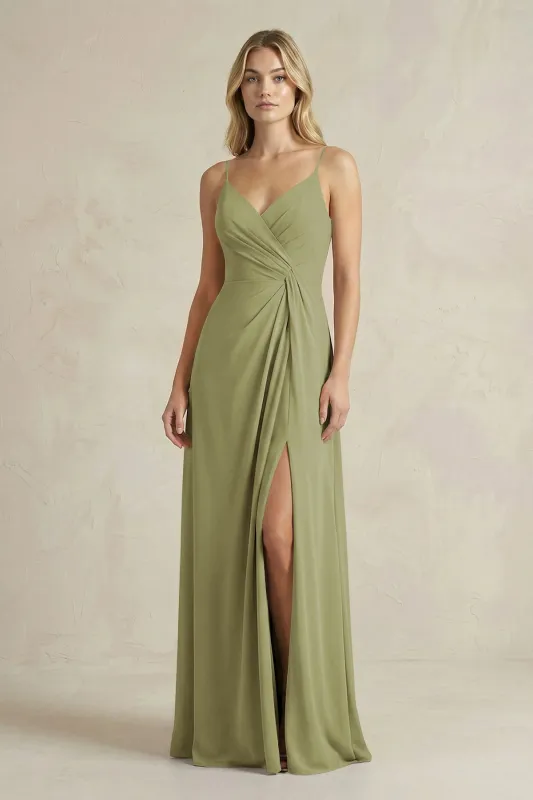 Sheath Cami Strap Ruched Chiffon Bridesmaid Dress in Moss Green made by KissProm