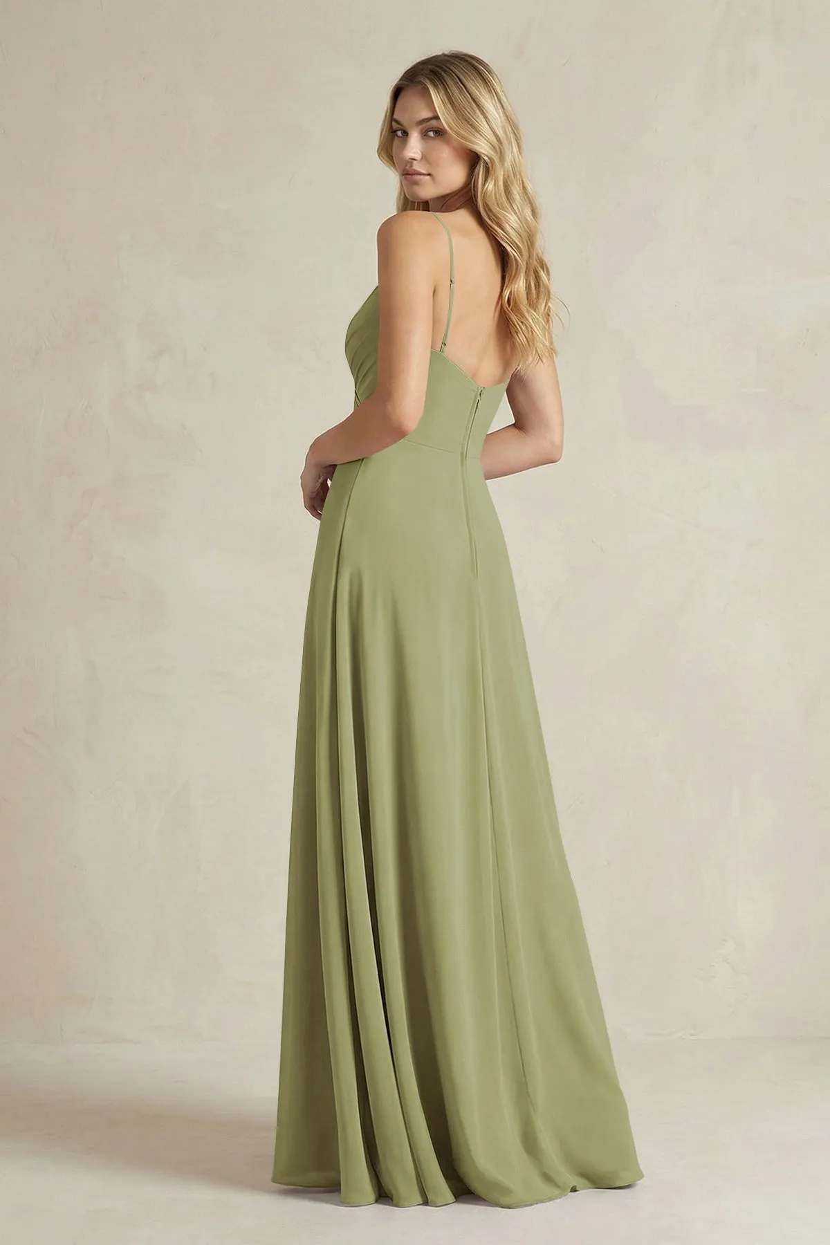 Sheath Cami Strap Ruched Chiffon Bridesmaid Dress in Moss Green sold by KissProm product image thumbnail 2