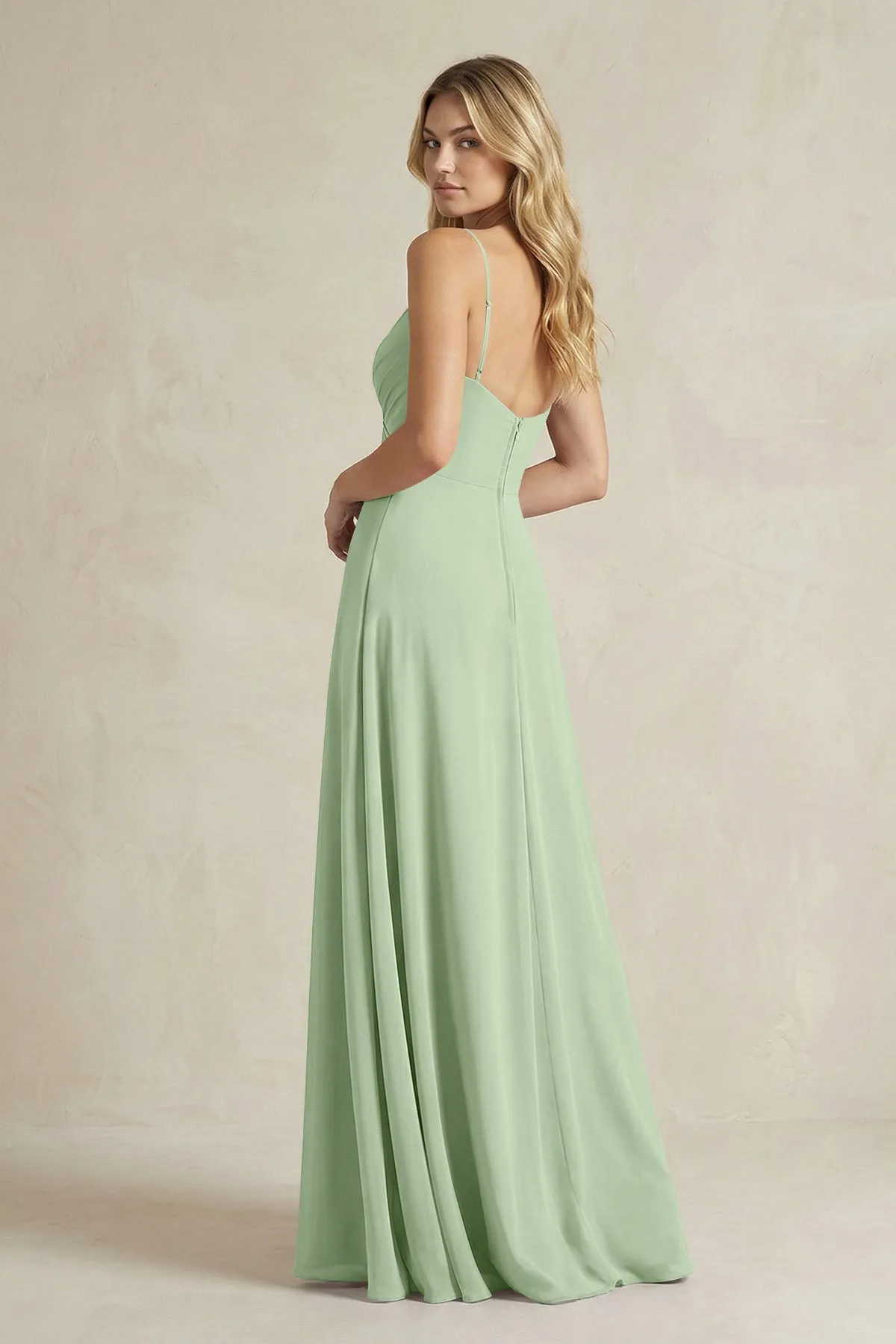 Sheath Cami Strap Ruched Chiffon Bridesmaid Dress in Sage sold by KissProm product image thumbnail 2
