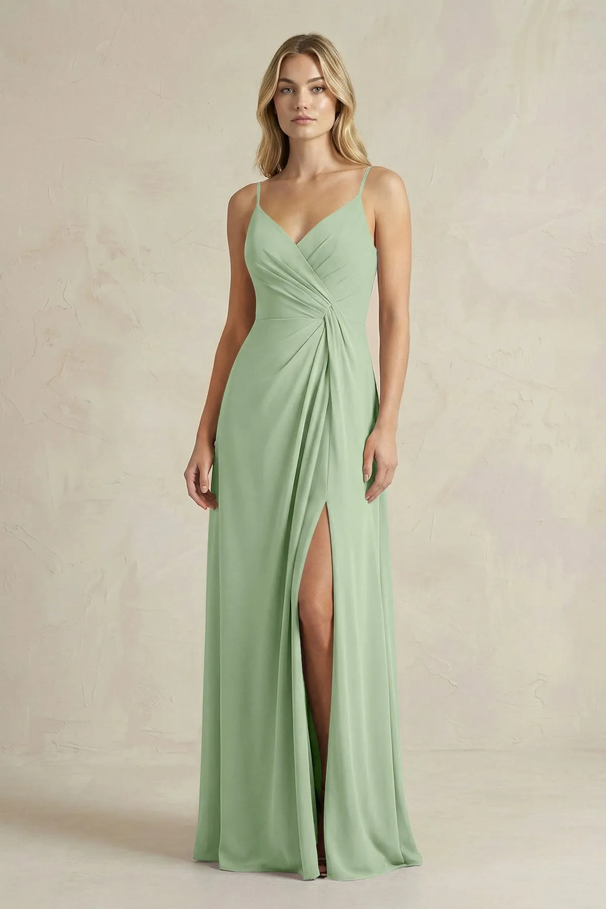 Sheath Cami Strap Ruched Chiffon Bridesmaid Dress in Sage sold by KissProm