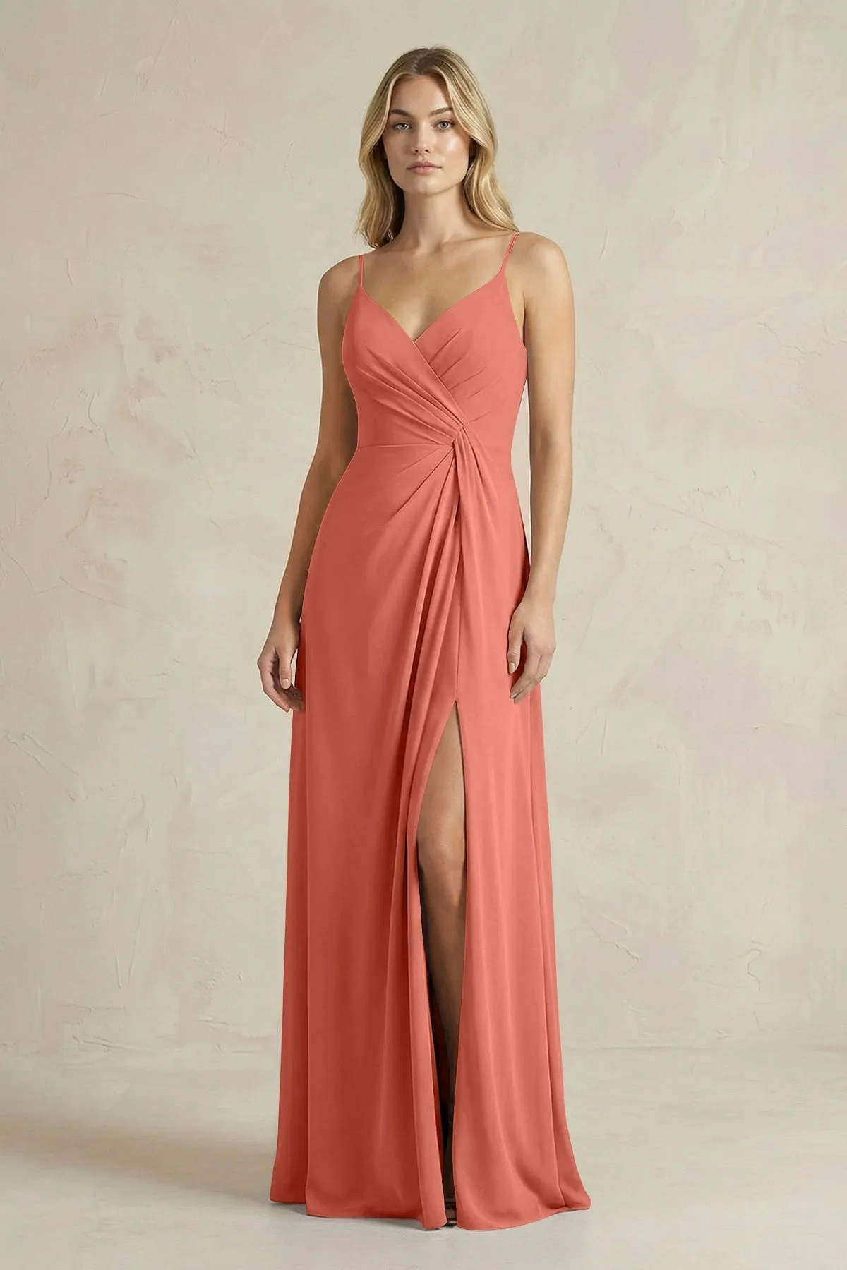 Sheath Cami Strap Ruched Chiffon Bridesmaid Dress in Wild Rose sold by KissProm