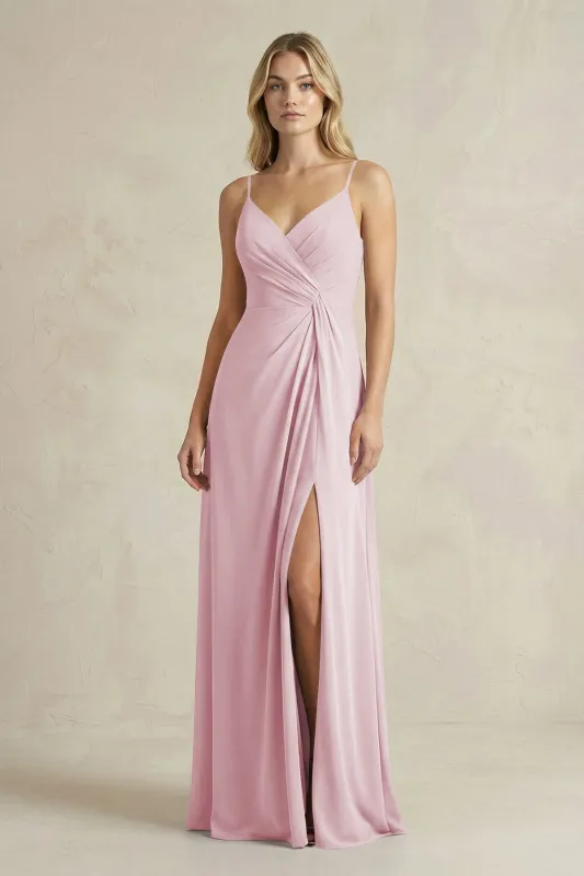 Sheath Cami Strap Ruched Chiffon Bridesmaid Dress in Candy Pink made by KissProm