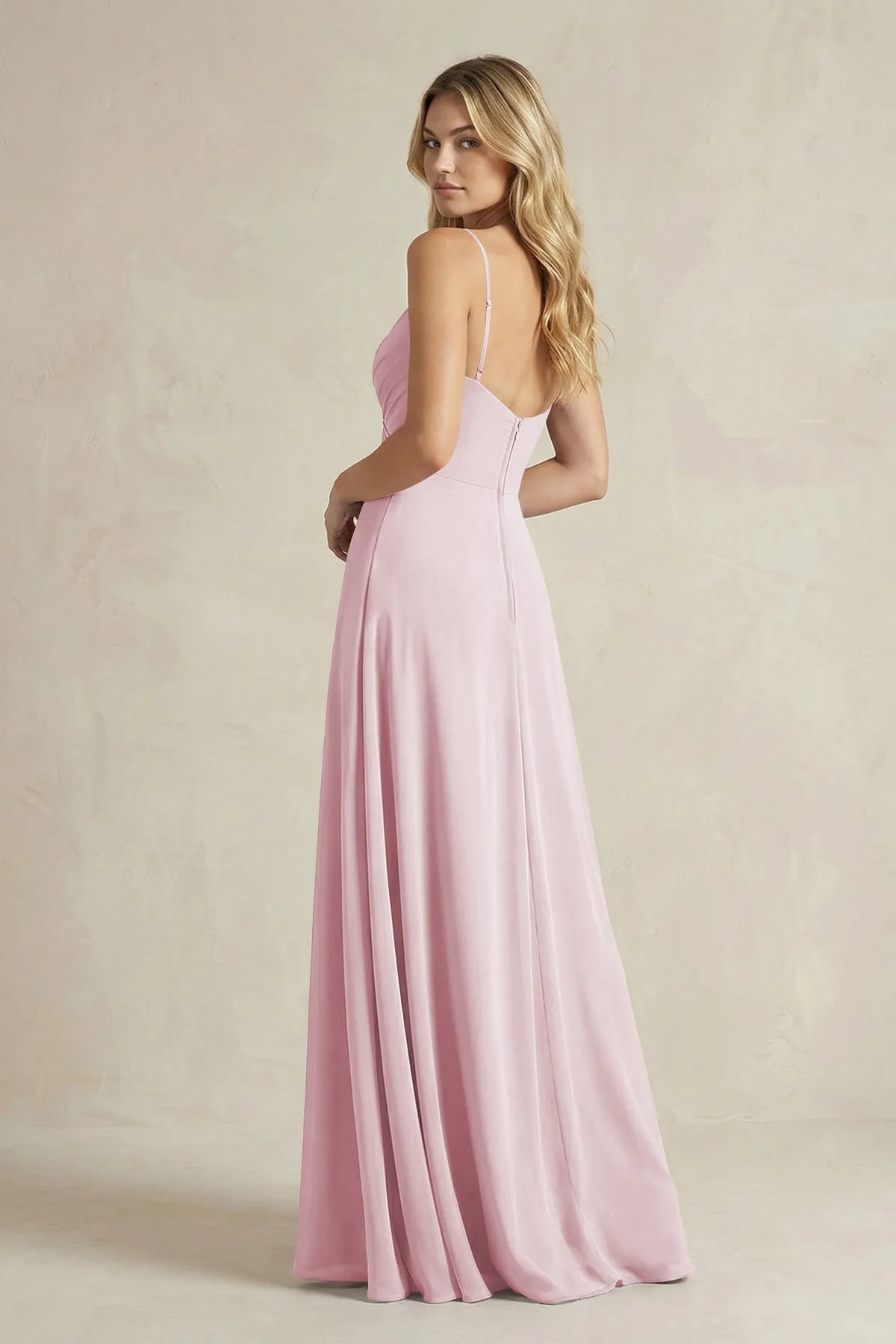 Sheath Cami Strap Ruched Chiffon Bridesmaid Dress in Candy Pink sold by KissProm product image thumbnail 2