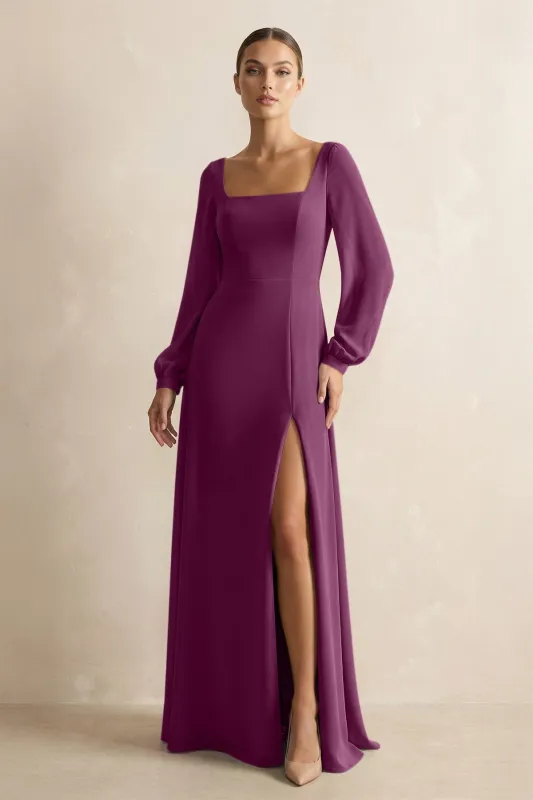 Square Neck Long Sleeves Chiffon Sheath Bridesmaid Dress in Fig made by KissProm