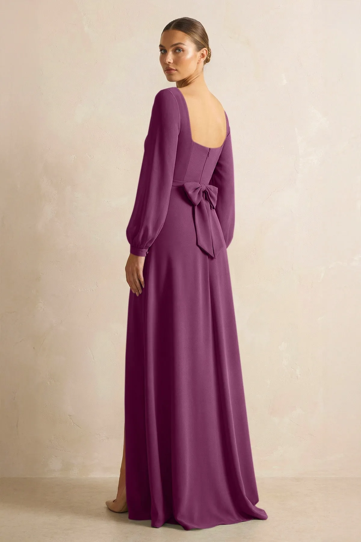 Square Neck Long Sleeves Chiffon Sheath Bridesmaid Dress in Fig sold by KissProm product image thumbnail 2