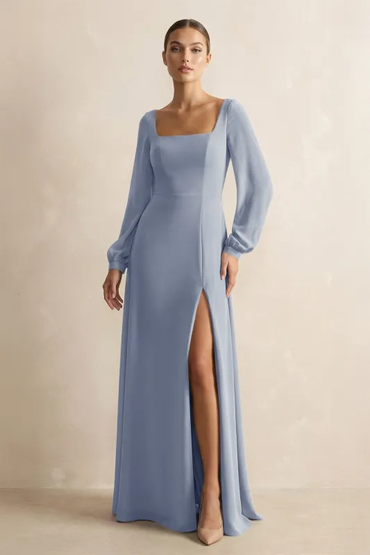Square Neck Long Sleeves Chiffon Sheath Bridesmaid Dress in Twilight made by KissProm