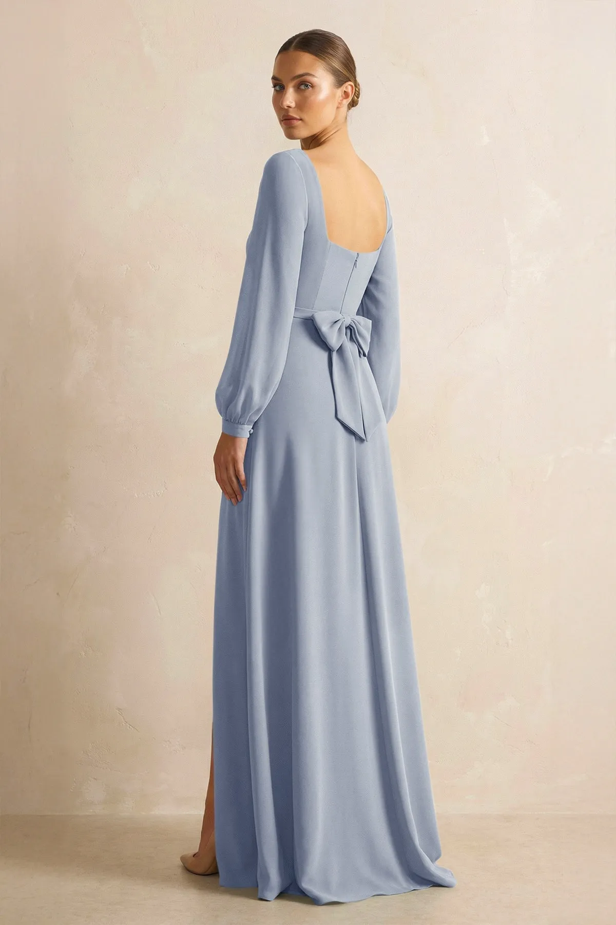 Square Neck Long Sleeves Chiffon Sheath Bridesmaid Dress in Twilight sold by KissProm product image thumbnail 2