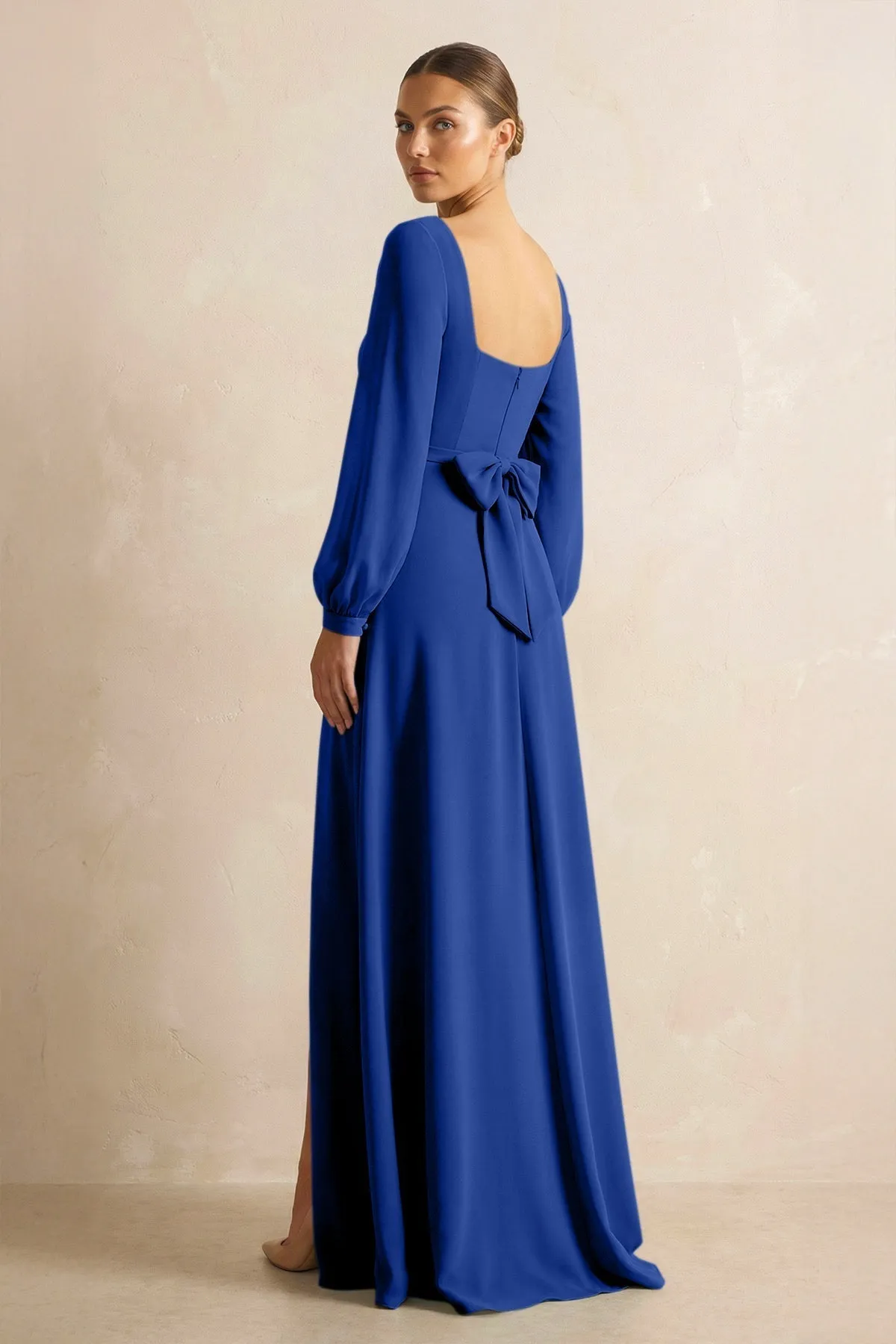 Square Neck Long Sleeves Chiffon Sheath Bridesmaid Dress in Royal Blue sold by KissProm product image thumbnail 2