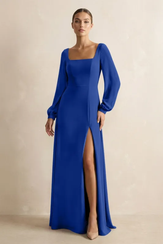 Square Neck Long Sleeves Chiffon Sheath Bridesmaid Dress in Royal Blue made by KissProm