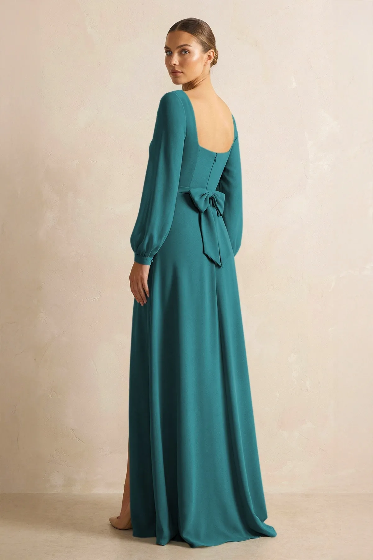 Square Neck Long Sleeves Chiffon Sheath Bridesmaid Dress in Pine sold by KissProm product image thumbnail 2