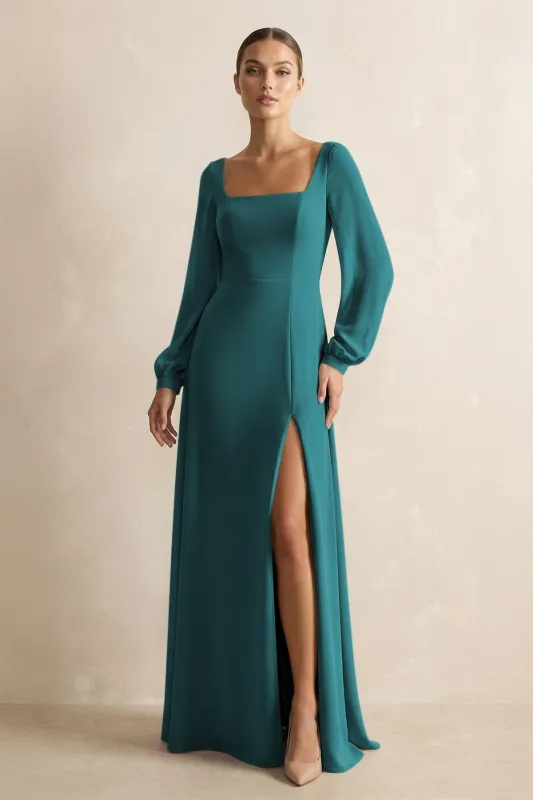 Square Neck Long Sleeves Chiffon Sheath Bridesmaid Dress in Pine made by KissProm