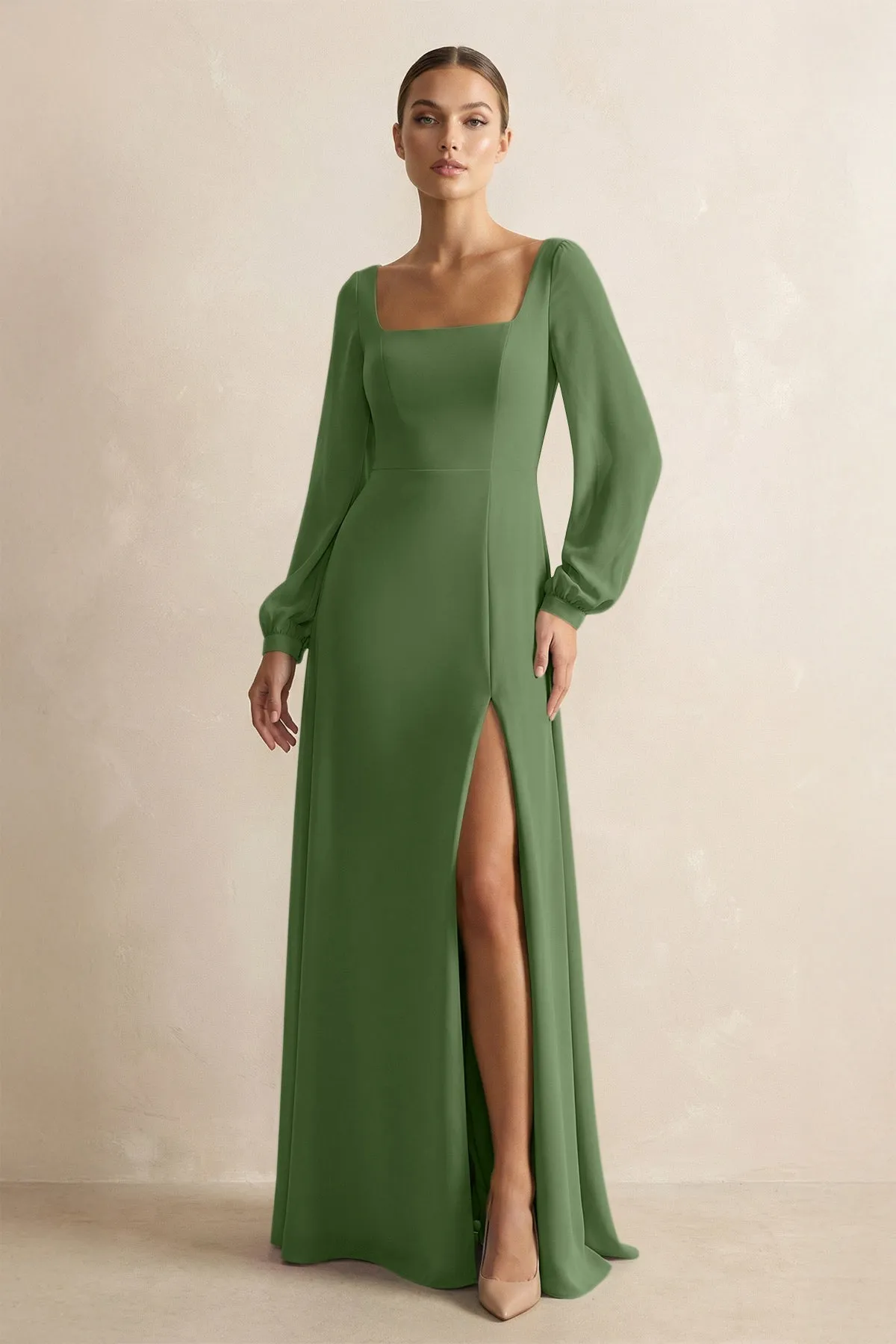 Square Neck Long Sleeves Chiffon Sheath Bridesmaid Dress in Moss sold by KissProm