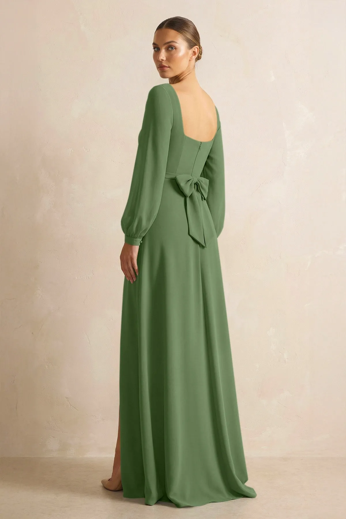 Square Neck Long Sleeves Chiffon Sheath Bridesmaid Dress in Moss sold by KissProm product image thumbnail 2