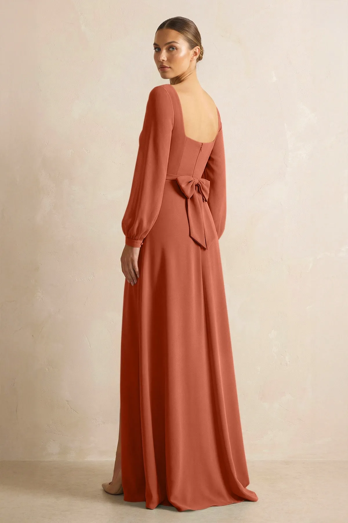 Square Neck Long Sleeves Chiffon Sheath Bridesmaid Dress in Spice sold by KissProm product image thumbnail 2