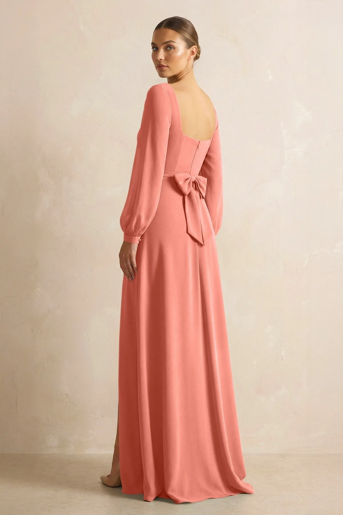 Square Neck Long Sleeves Chiffon Sheath Bridesmaid Dress in Wild Rose sold by KissProm product image thumbnail 2