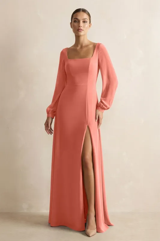 Square Neck Long Sleeves Chiffon Sheath Bridesmaid Dress in Wild Rose made by KissProm