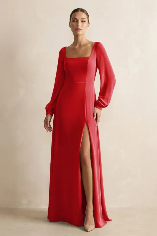 Square Neck Long Sleeves Chiffon Sheath Bridesmaid Dress in Ruby Red made by KissProm