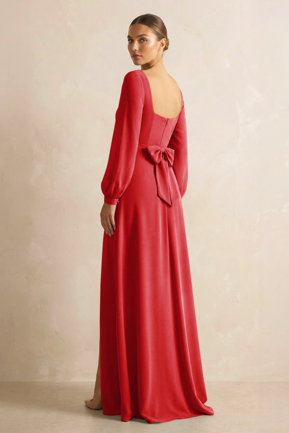 Square Neck Long Sleeves Chiffon Sheath Bridesmaid Dress in Ruby Red sold by KissProm product image thumbnail 2