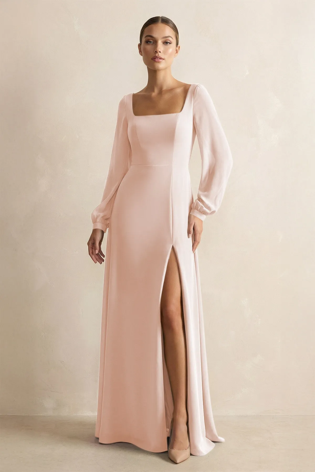 Square Neck Long Sleeves Chiffon Sheath Bridesmaid Dress in Pale Blush sold by KissProm