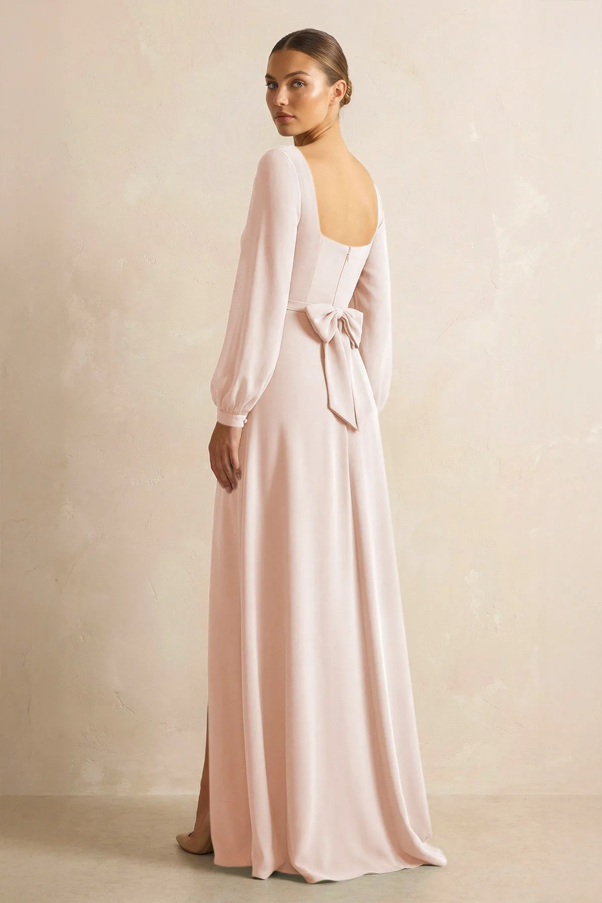 Square Neck Long Sleeves Chiffon Sheath Bridesmaid Dress in Pale Blush sold by KissProm product image thumbnail 2