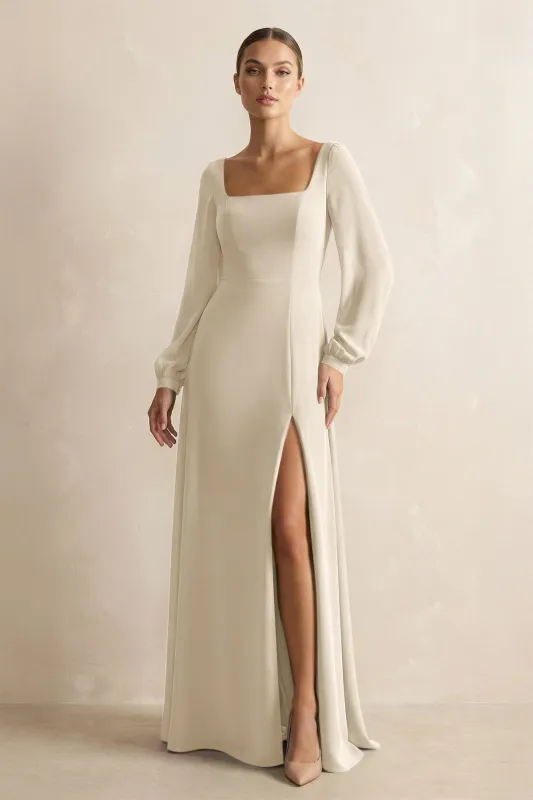 Square Neck Long Sleeves Chiffon Sheath Bridesmaid Dress in Champagne made by KissProm