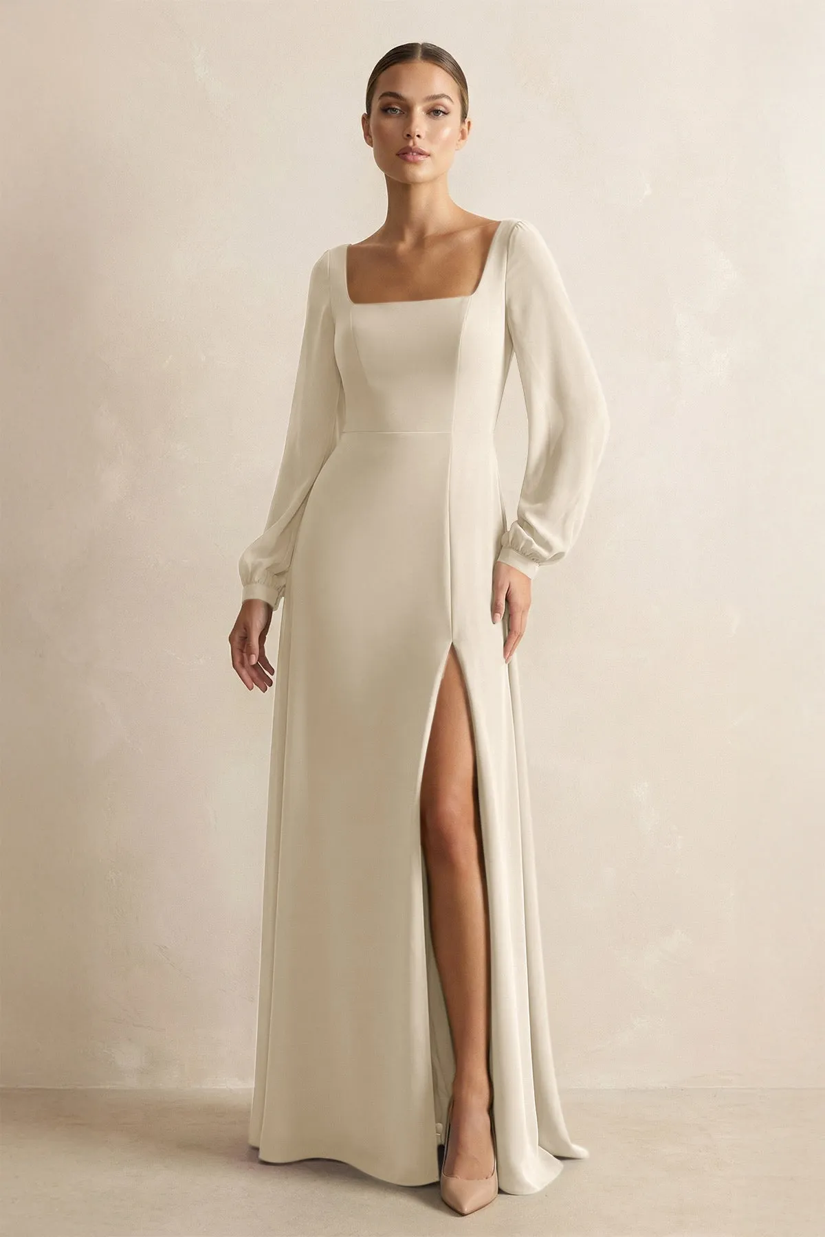 Square Neck Long Sleeves Chiffon Sheath Bridesmaid Dress in Champagne sold by KissProm