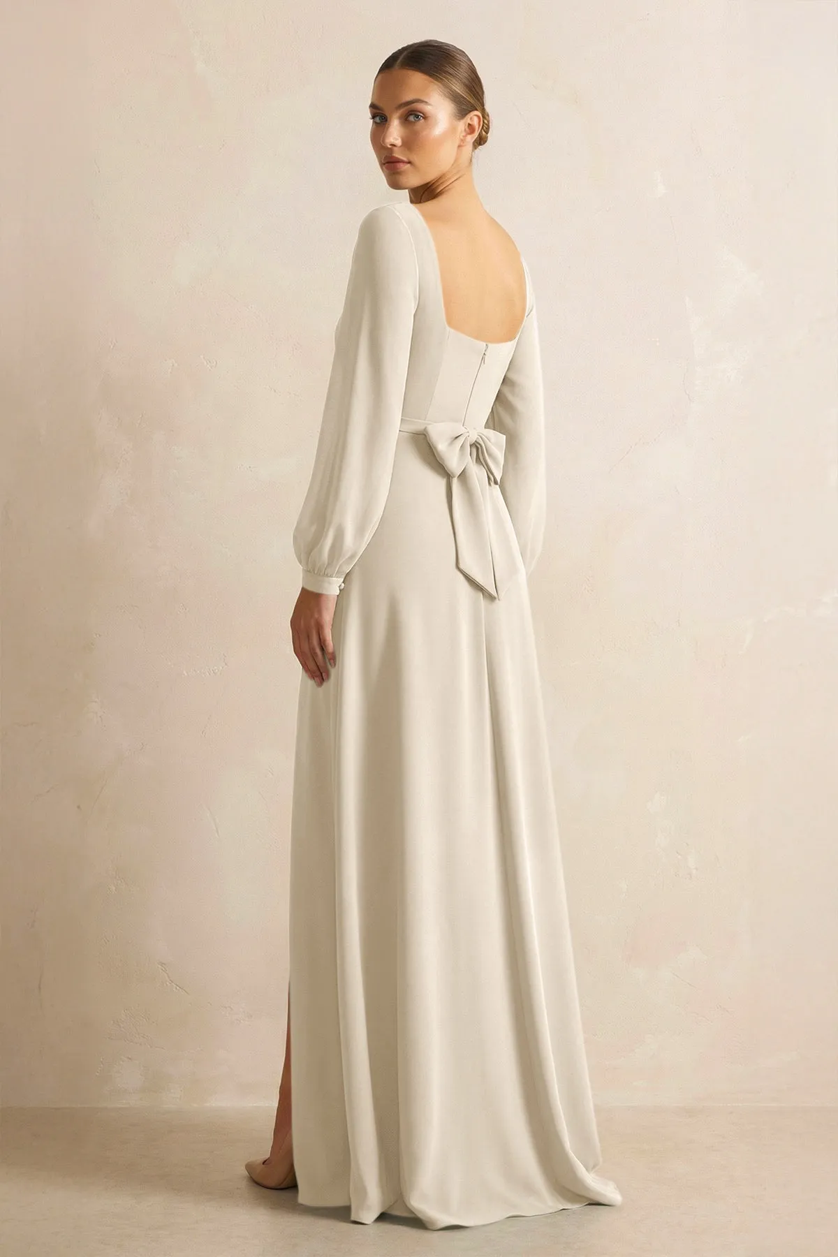Square Neck Long Sleeves Chiffon Sheath Bridesmaid Dress in Champagne sold by KissProm product image thumbnail 2