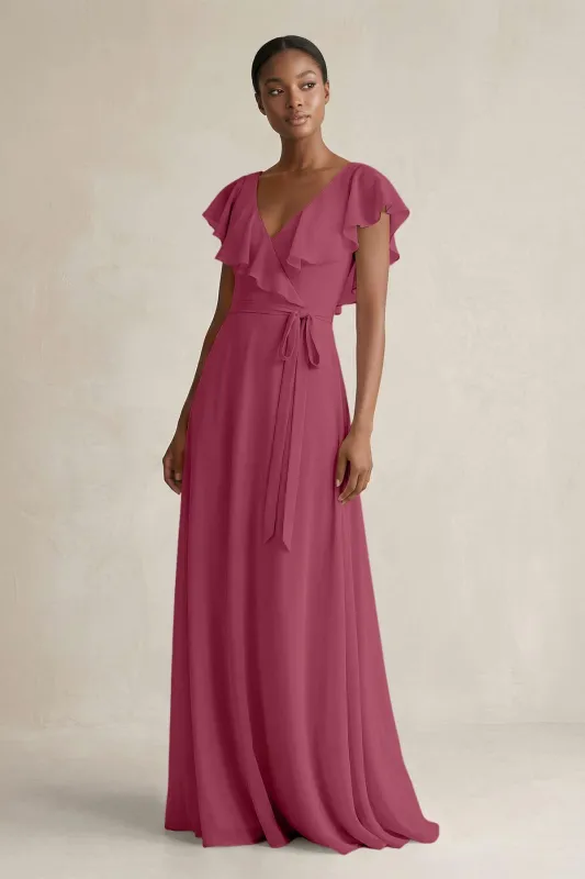 A-Line V-Neck Ruffled Sleeve Chiffon Bridesmaid Dress in Desert Rose made by KissProm