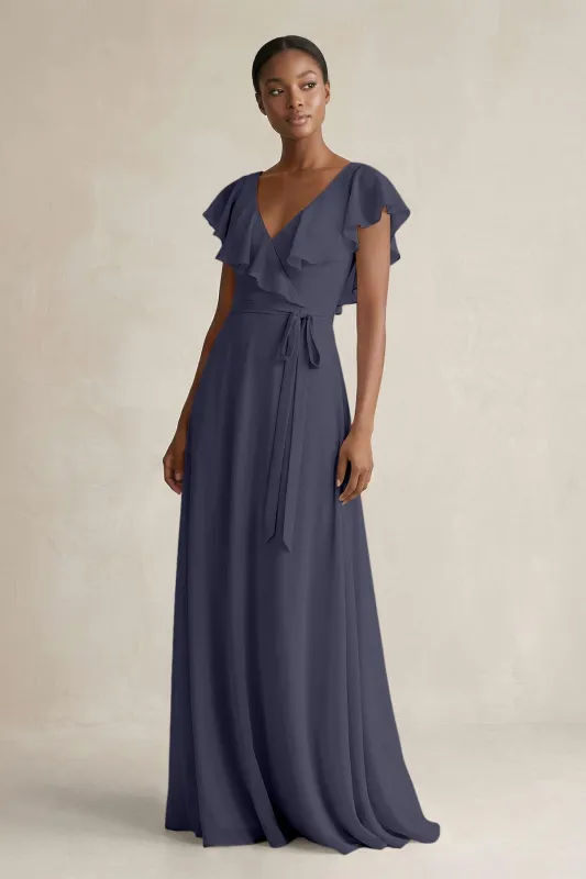 A-Line V-Neck Ruffled Sleeve Chiffon Bridesmaid Dress in Dusk Blue made by KissProm